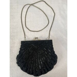 Gorgeous Vintage 1960s Magid Black Beaded Small Shell Shape Purse